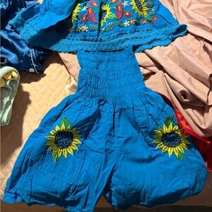 Embroidered Blue Sunflower Smocked Jumpsuit Romper